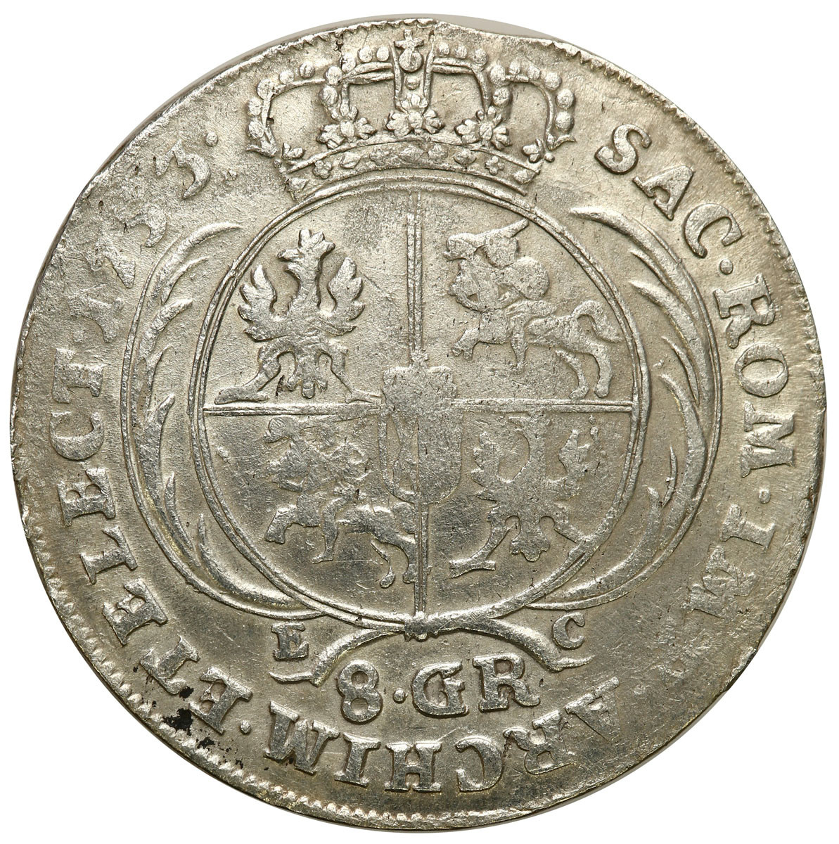 August III Sas. Dwuzłotówka (8 groszy) 1753 Lipsk, z literami EC
